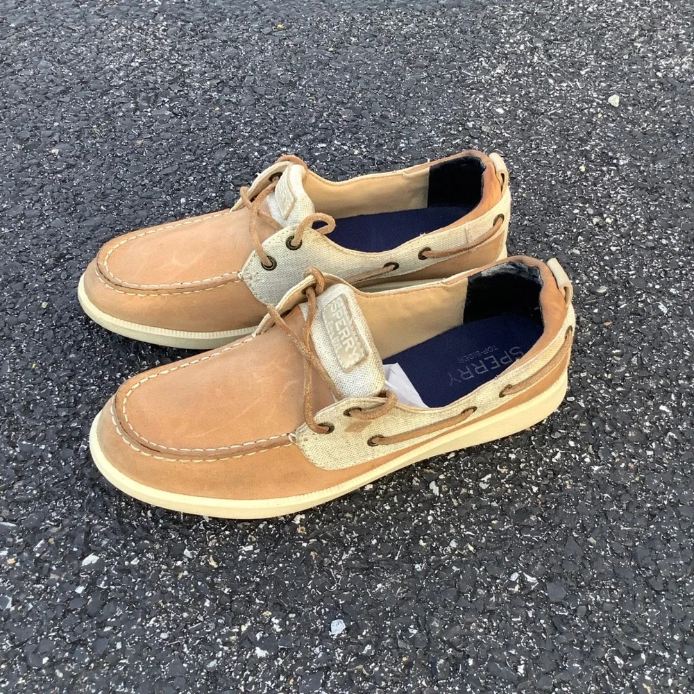 Sperry Top-Sider Womens Boat Shoes Tan Leather Canvas STS81857 Size 8.5